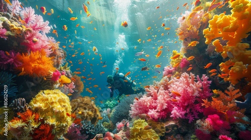 Craft an image of a diver exploring vibrant coral reefs underwater