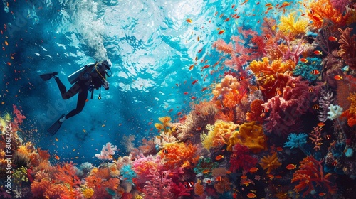 Craft an image of a diver exploring vibrant coral reefs underwater