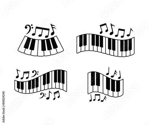 piano keyboard with music note flying vector icon design simple black white illustration collections templates