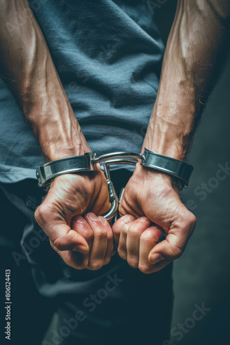 Male handcuffed hands on simple background with copy space. Arrest, assistance of a lawyer, detention.