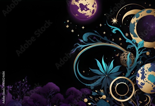 abstract background Illustration of a fantasy background with moon  stars  flowers and plants