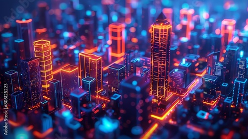 Craft an image of a futuristic cityscape illuminated by neon lights