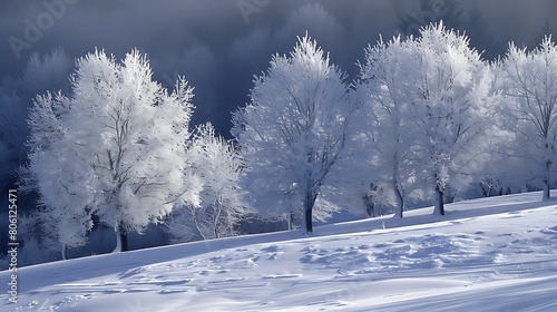 A snow-covered landscape with frost-covered trees, evoking the quiet beauty of winter.