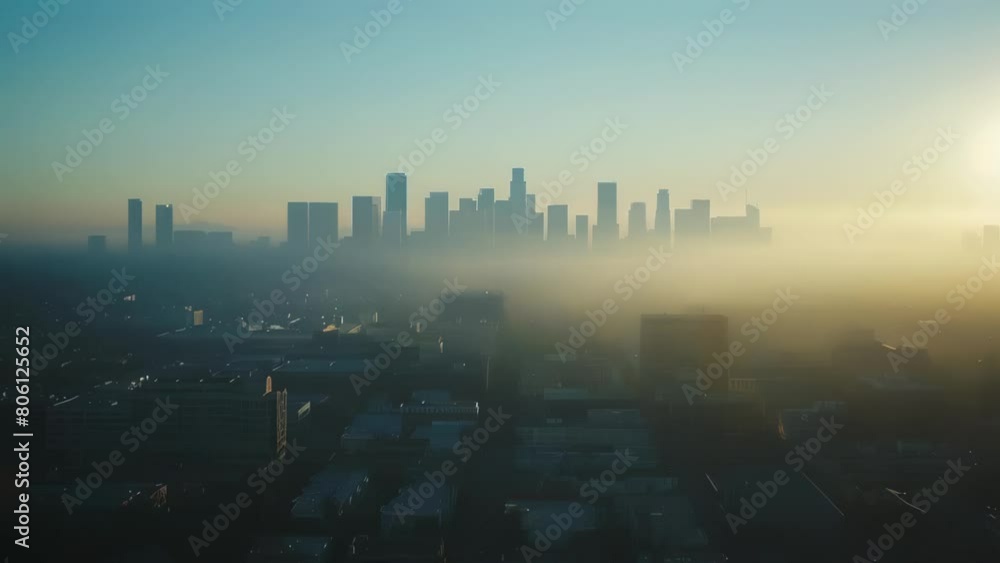 Misty Cityscape at Dawn with Skyline Silhouettes and Hazy Atmosphere. Misty Cityscape at Dawn with Skyline Silhouettes and Hazy Atmosphere.