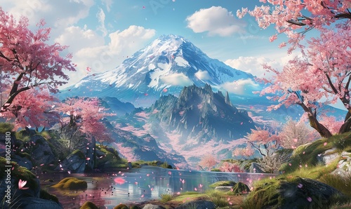 A beautiful view of a mountain with cherry blossoms in the foreground. This picture can be used to depict the serene beauty of nature and the arrival of spring.