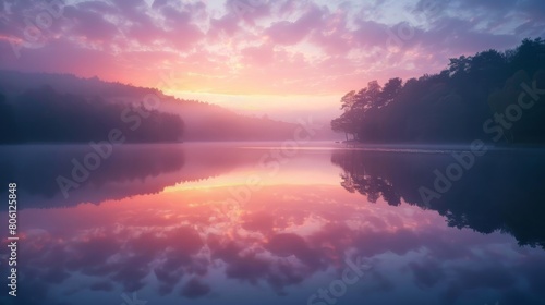 Craft an image of a peaceful lake at dawn