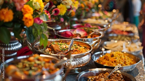 A festive Indian wedding banquet table laden with a variety of colorful and aromatic dishes, showcasing the richness of Indian culinary traditions.