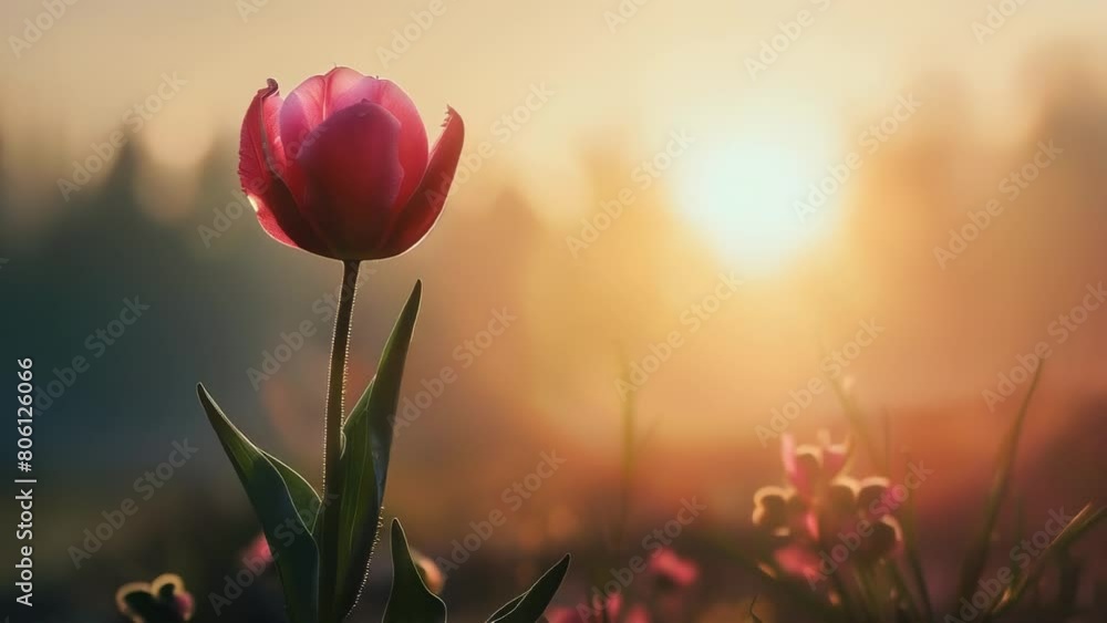 Single Tulip Flower Blooming at Sunset with Warm Golden Light and Soft Focus Nature Background. Single Tulip Flower Blooming at Sunset with Warm Golden Light and Soft Focus Nature Background.