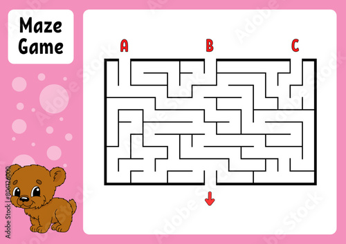 Rectangle maze. Game for kids. Three entrances, one exit. Education worksheet. Puzzle for children. Labyrinth conundrum. Find the right path. cartoon character. Vector illustration.