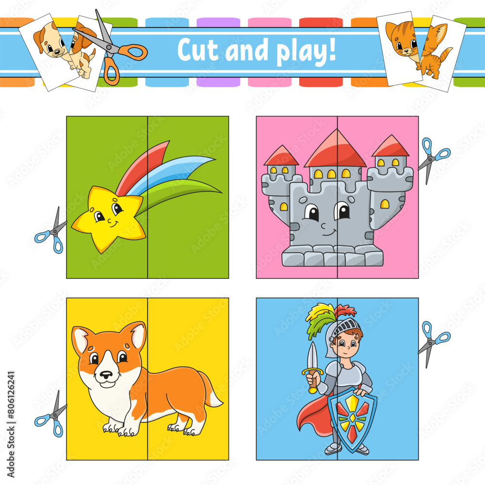 Fototapeta premium Cut and play. Flash cards. Color puzzle. Education developing worksheet. Activity page. Game for children. cartoon style. Funny character. Vector illustration.