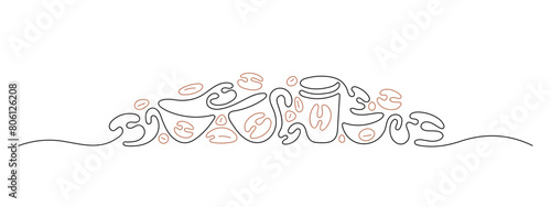 Single continuous line of coffee cup Roasted beans