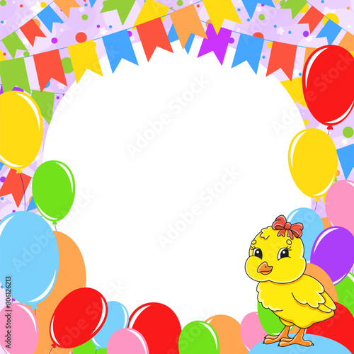 Happy birthday greeting card with a cute cartoon character. With copy space for your text. Picture on the background of bright balloons  confetti and garlands. Vector illustration.