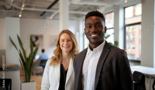 A man and a woman are smiling for the camera in a business setting. The woman is wearing a white jacket and the man is wearing a black jacket © BrightSpace