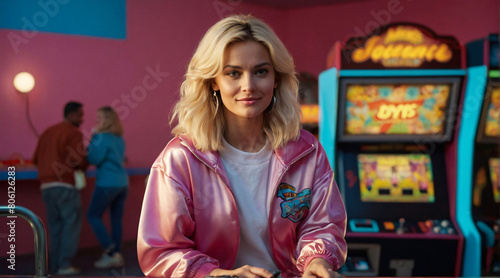 Pretty blond woman playing retro arcade games, holding joystick, wearing pink tracksuit. 90s lifestyle and fashion trends