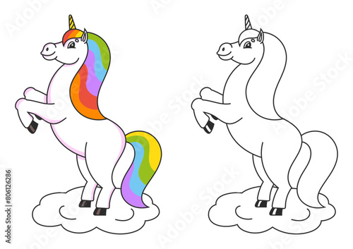 Coloring book for kids. The magical unicorn reared up. The animal horse stands on its hind legs. Cartoon style. Simple flat vector illustration.