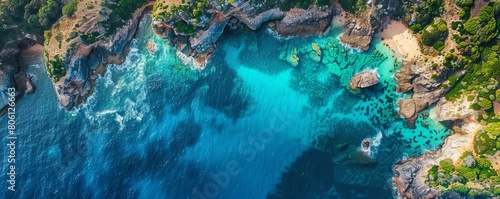 Aerial drone view of a rugged coastline in Philipp Island, Victoria, Australia. photo