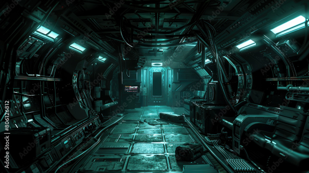 Gloomy dark corridor in futuristic spaceship, scary alien spacecraft ...