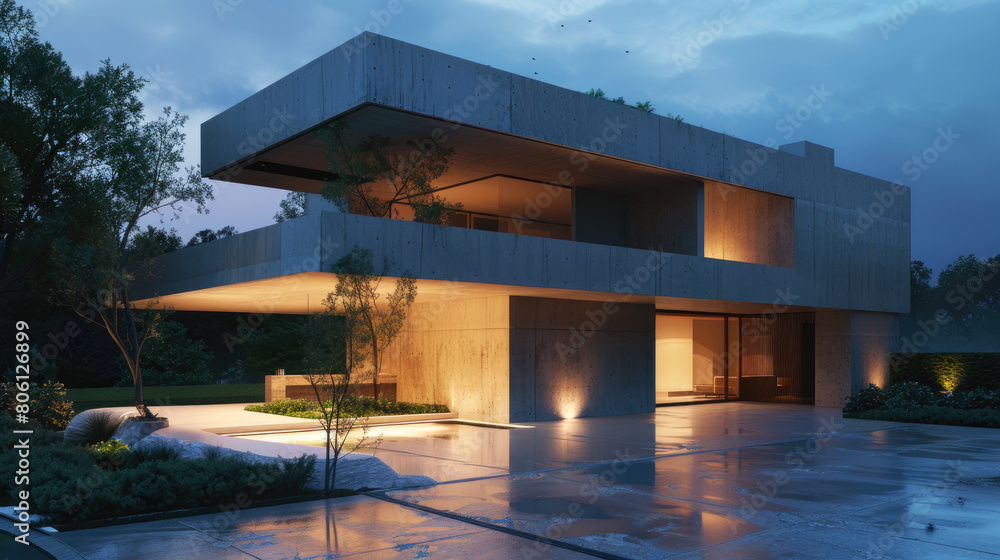 Modern concrete house with grey walls and lights in evening, futuristic residential building exterior. Concept of future, night, garage, construction, Modern concrete house with grey walls and lights in evening, futuristic residential building exterior. Concept of future, night, garage, construction,