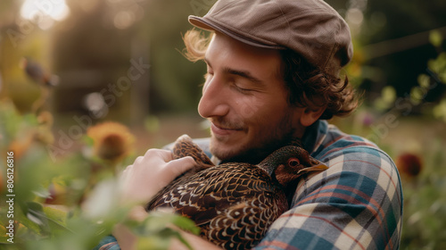 Man lovingly holding a quail in a garden. photo