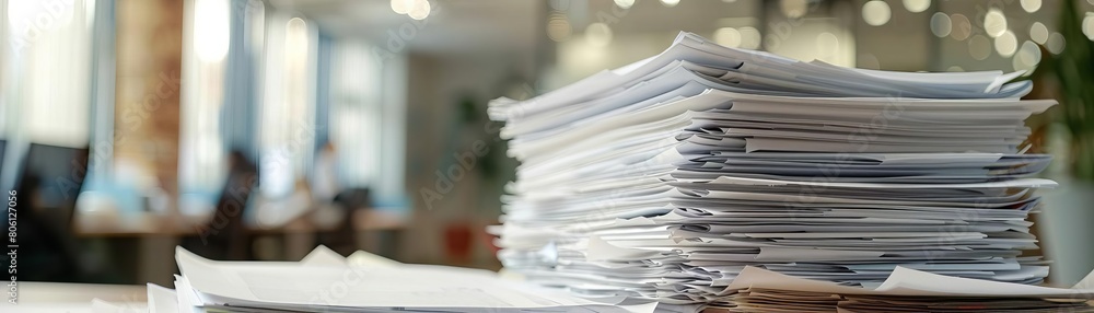 Detailed shot of a stack of office papers with a blurred office background Detailed shot of a stack of office papers with a blurred office background