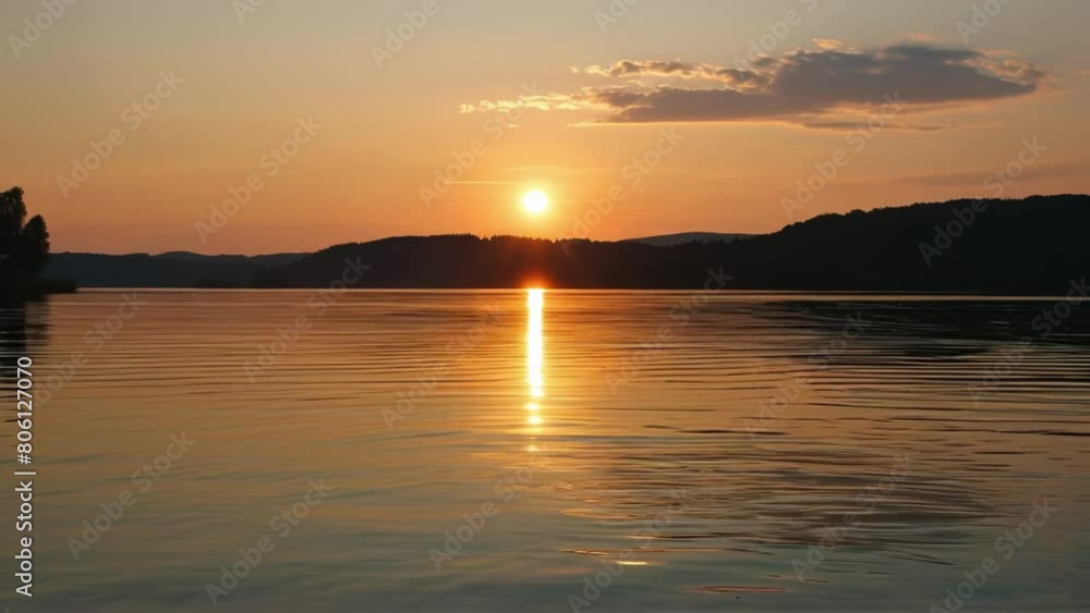 Tranquil Sunset Over a Calm Lake with Reflections of the Sun on the Water Surface. Tranquil Sunset Over a Calm Lake with Reflections of the Sun on the Water Surface.
