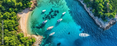 Aerial view of boats moored in a tranquil cove with turquoise water and reflections, Primorje-Gorski Kotar, Croatia.