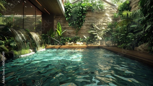 Craft an image of a serene indoor pool surrounded © Supasin