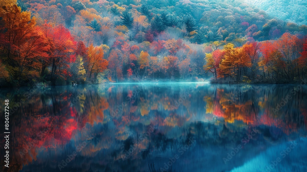 Craft an image of a serene lake reflecting the vibrant colors