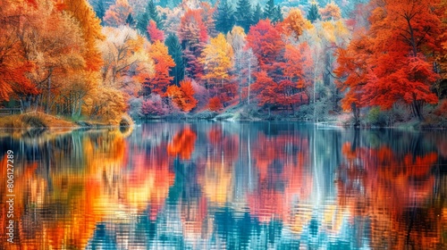 Craft an image of a serene lake reflecting the vibrant colors