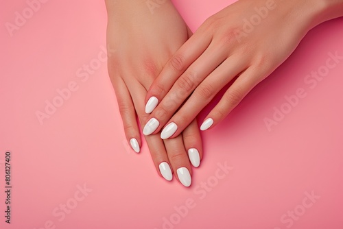 female manicure. Beautiful young woman's hands on pastel color background - Image. Beautiful simple AI generated image in 4K, unique.