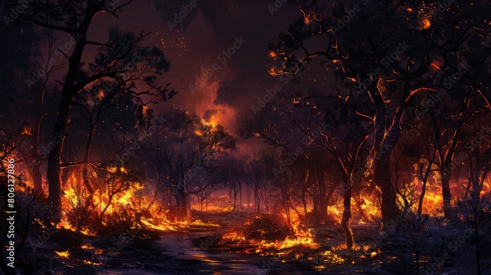 A forest ablaze at night, with flames illuminating the dark sky and casting an eerie glow on the surrounding landscape. A forest ablaze at night, with flames illuminating the dark sky and casting an eerie glow on the surrounding landscape.