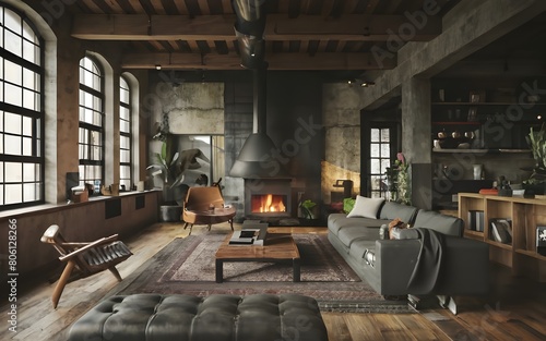 Dark living room loft with fireplace, industrial style., photo, cozy ambient, stock photos, best selling, ai generative, viral	
 photo