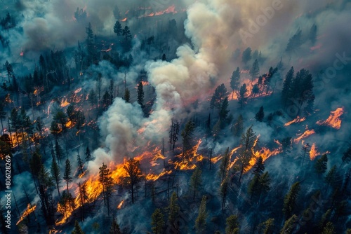 An overhead perspective reveals a wildfire advancing through a forested area, with flames engulfing trees and vegetation, while columns of smoke ascend into the sky.