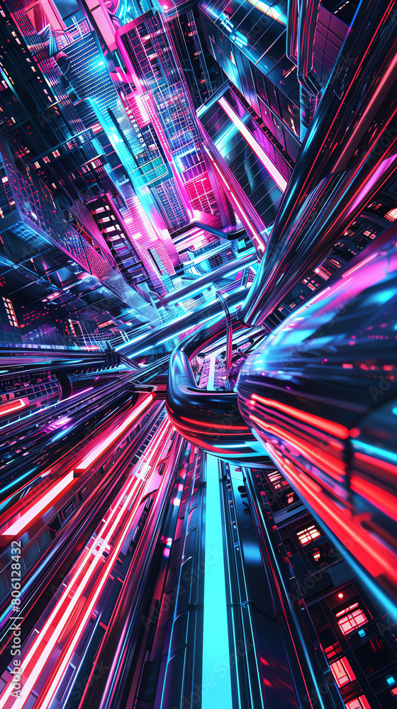 Capture the grandeur of futuristic technologies with a striking low-angle view Play with vibrant neon hues contrasting against sleek metallic surfaces to evoke a sense of innovatio Capture the grandeur of futuristic technologies with a striking low-angle view Play with vibrant neon hues contrasting against sleek metallic surfaces to evoke a sense of innovatio