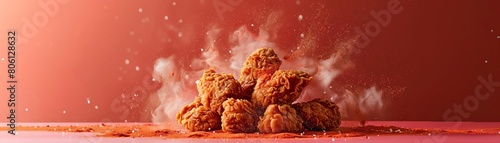 A mouthwatering display of crunchy fried chicken surrounded by a cloud of flavorful seasonings on a vibrant red backdrop photo