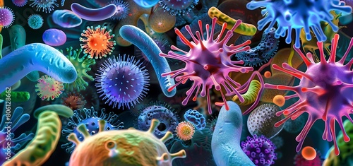Microscopic highly detailed images showing various bacteria and viruses