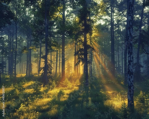 Capture the first light of dawn breaking through the trees, casting long shadows and creating a magical glow in the forest