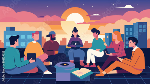 As the sun sets on a rooftop a group of mentees and their mentor reminisce about the old days of cratedigging and intimate vinyl listening sessions. Vector illustration