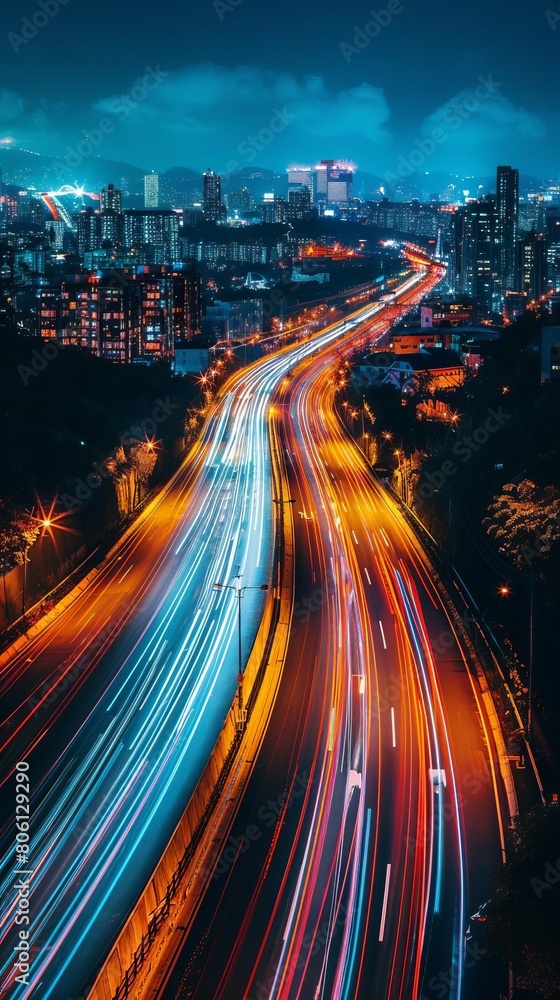 Long exposure of city traffic creating light trails that emphasize the geometry of the urban roads Long exposure of city traffic creating light trails that emphasize the geometry of the urban roads