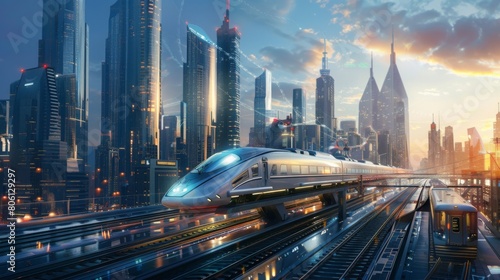 A futuristic city skyline with high-speed trains crisscrossing above, illustrating the integration of rail transport into urban environments. photo