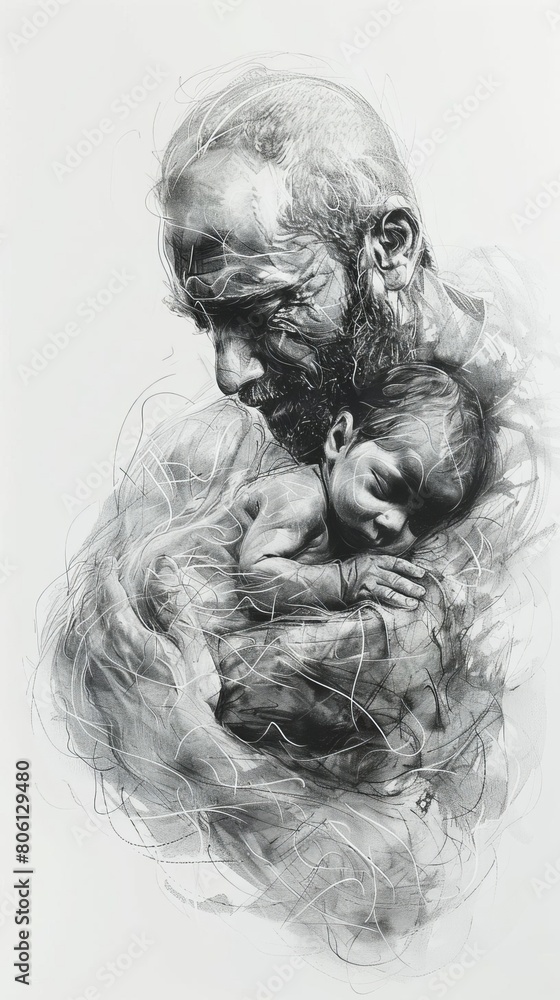 Soft, delicate lines depict the image of a father cradling his infant, emphasizing the theme of nurturing and safety Soft, delicate lines depict the image of a father cradling his infant, emphasizing the theme of nurturing and safety