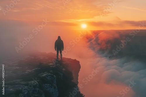 Silhouette of a person standing at the edge of a cliff, overlooking a fog covered valley at sunrise