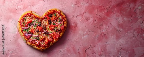 Delicious Pizza in the Shape of a Heart on a Textured Pink Surface. Delicious Valentine        s Day Concept with copy-space.
