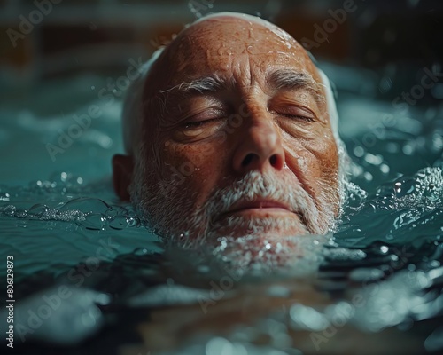 Elderly man in cold water therapy bath, enjoying enhanced stress wellness and wellbeing while relieving anxiety photo