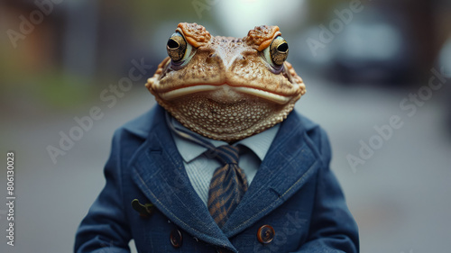 Dapper toad hops through city streets in tailored splendor, epitomizing street style.