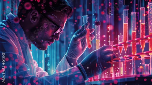 showcases scientists conducting pharmaceutical research on blood cells and antiviral treatments. Holding medical test tubes or small vials and using biotechnology to sequence genomic DNA.