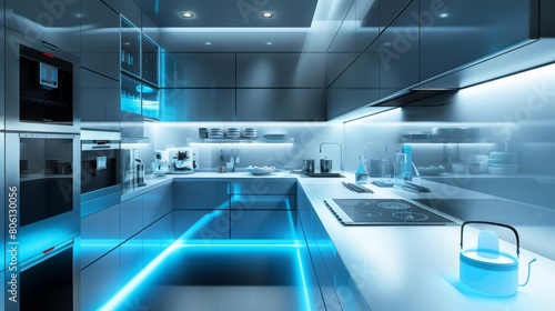 A futuristic kitchen with high-gloss cabinets, LED lighting, and smart appliances, showcasing cutting-edge technology and design.