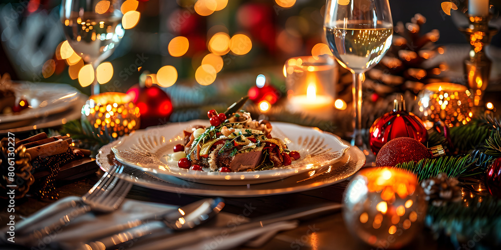 Christmas Table Setting with Bokeh Background Overflowing with Delicious Dinner and Culinary Delights Christmas Table Setting with Bokeh Background Overflowing with Delicious Dinner and Culinary Delights