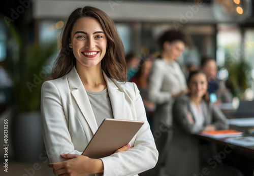 Leading with Confidence: Businesswoman in white blazer smiles with iPad, team around conference table in office, blurred motion background.