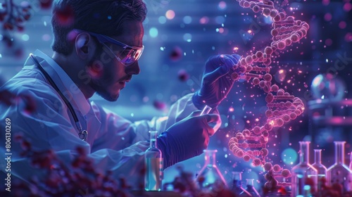 showcases scientists conducting pharmaceutical research on blood cells and antiviral treatments. Holding medical test tubes or small vials and using biotechnology to sequence genomic DNA.